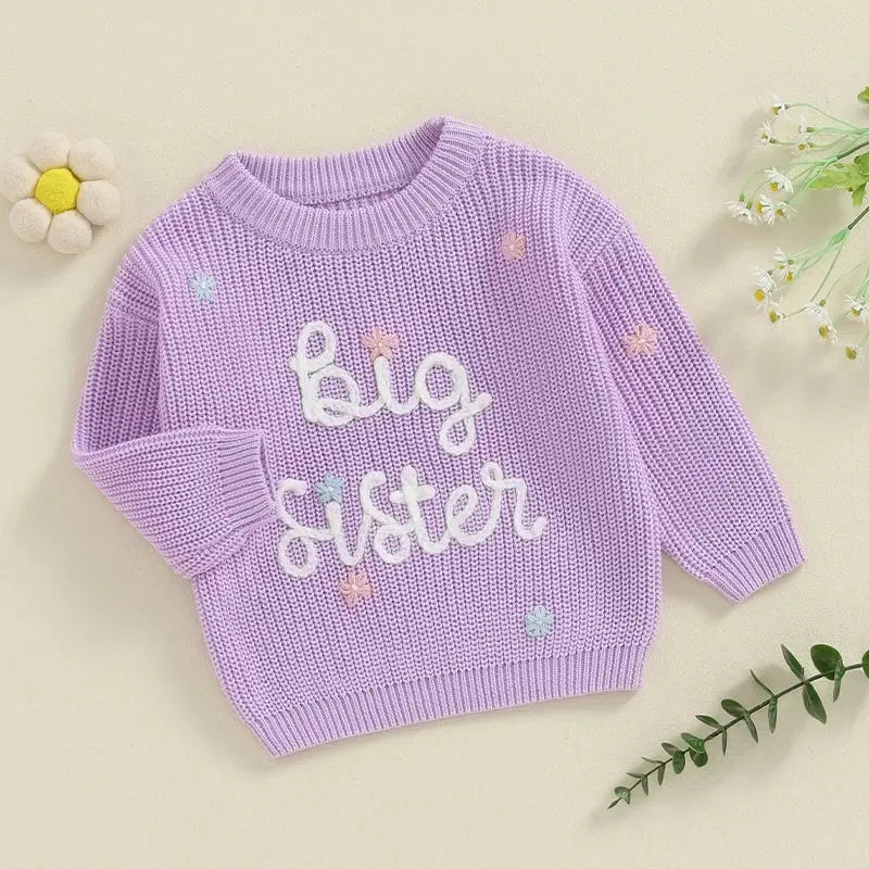 Big Sister Sweaters Cute Long Sleeve Letter Embroidery Knit Pullover Toddler Loose Tops