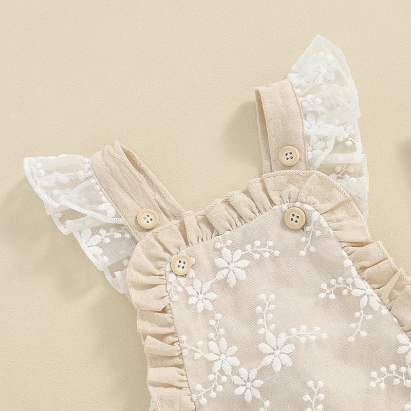 Baby girl lace embroidery romper with frills and fly sleeves – summer jumpsuit for infants 0–12 months