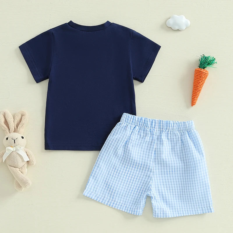 Toddler boy Easter outfit: short-sleeve bunny embroidery tee with plaid shorts for boys 0–3 years