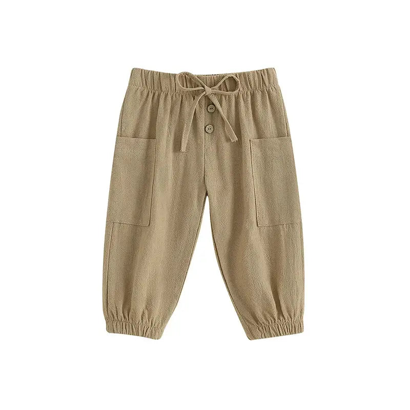 Cotton Linen Casual Baby Pants Toddler Boys Girls Casual Bottom Summer Autumn Solid Drawstring Button Children Pockets Trousers