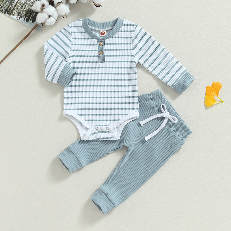 Lioraitiin Infant Baby Boy Fall Outfit – Striped Romper & Pants Set 0–24M