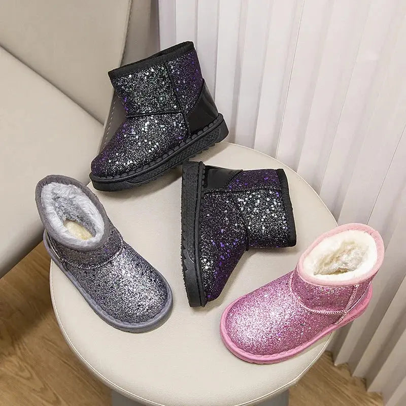 Winter Girl's Snow Boots Glimmer Three Colors Thick Fur Kids Short Boot Warm Beautiful Stylish Slip-on Children Shoes