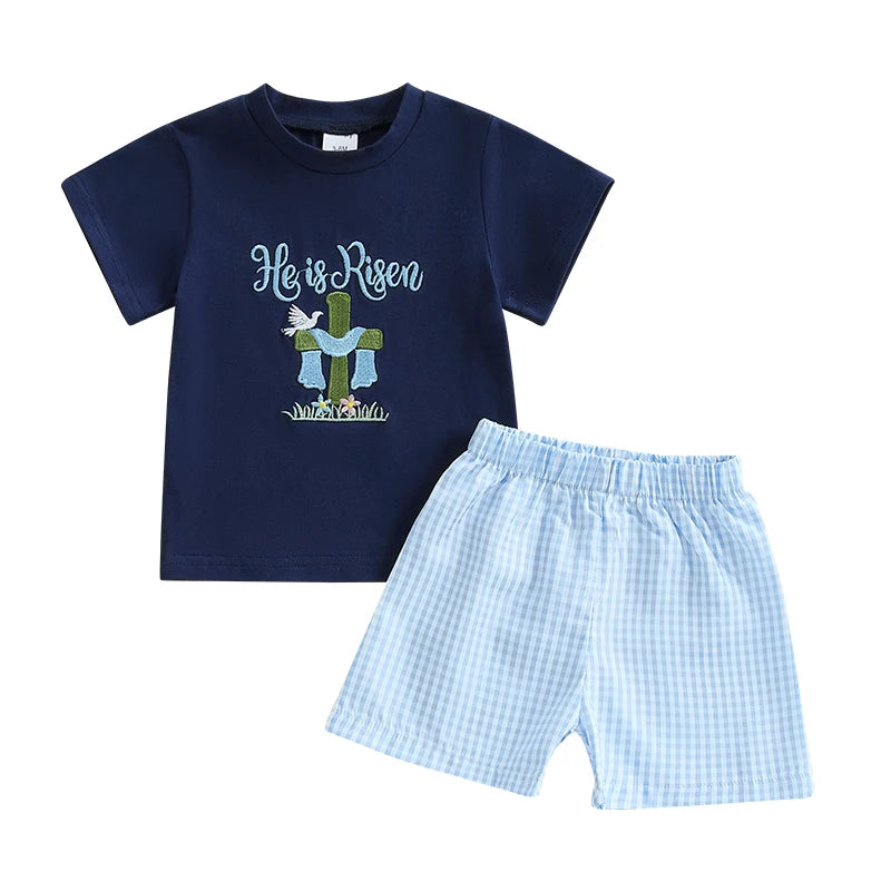 Toddler boy Easter outfit: short-sleeve bunny embroidery tee with plaid shorts for boys 0–3 years