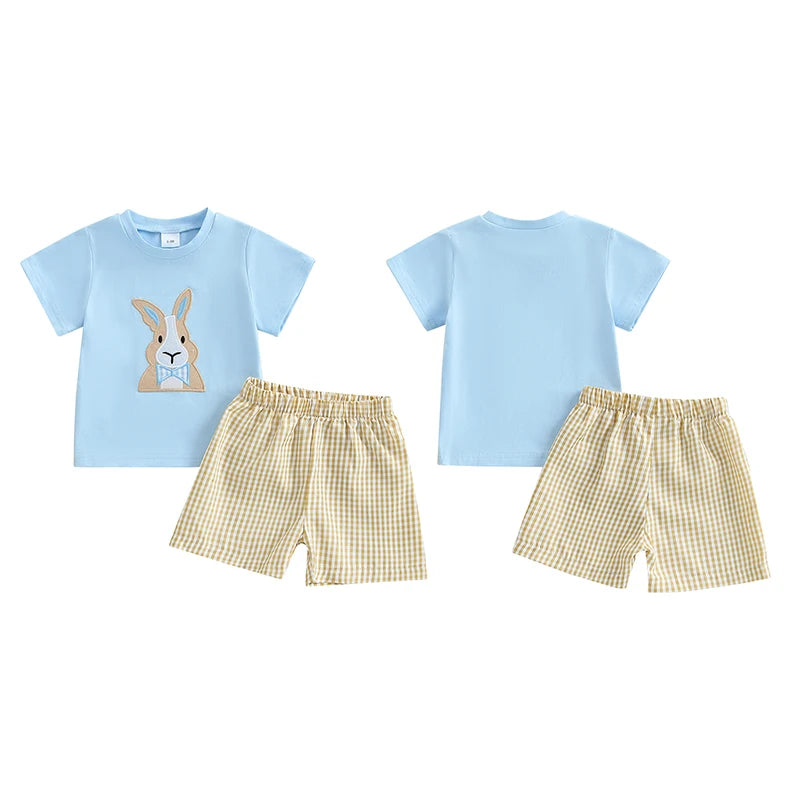 Toddler boy Easter outfit: short-sleeve bunny embroidery tee with plaid shorts for boys 0–3 years