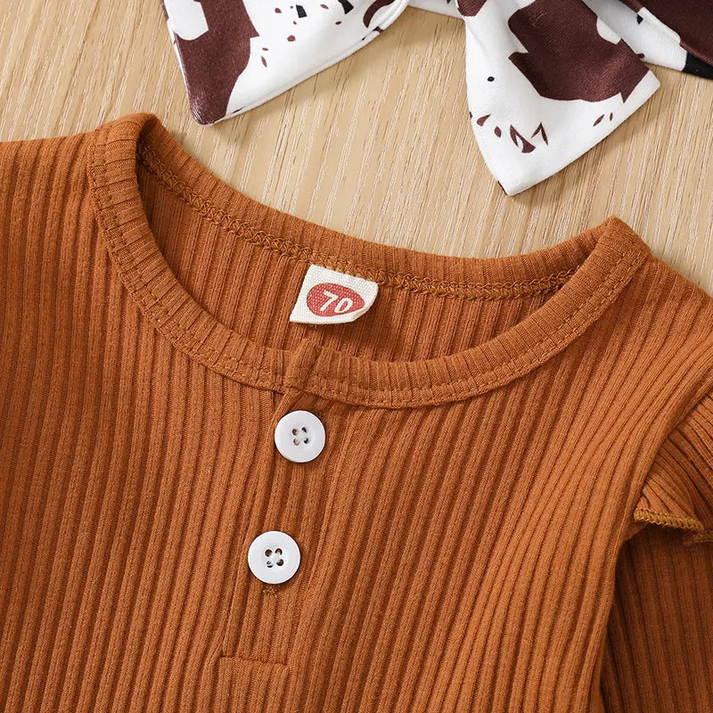 Citgeett Autumn Infant Baby Girls Jumpsuit Solid Color Ribbed Fly Sleeve Romper + Leopard Flare Pants Spring Clothes