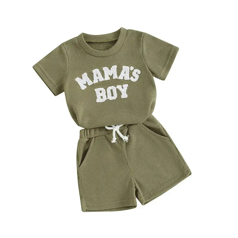 Lioraitiin Summer Baby Boy Clothes Letter Embroidery Short Sleeve T-Shirt Shorts Set 2Pcs Waffle Knit Outfit