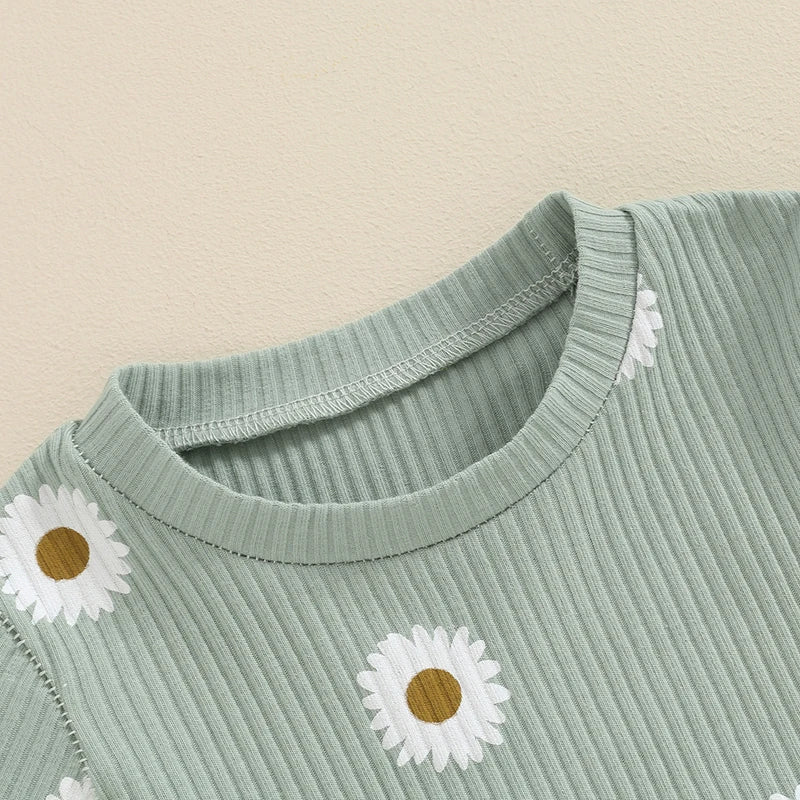 Cute Toddler Baby Girl Summer Outfit – Ruffle Ribbed Knit Top & Shorts Set