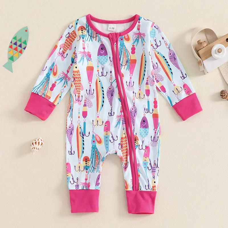 Baby Boys Autumn Casual Romper Long Sleeve Crew Neck Fish Print Oblique Zipper Jumpsuit