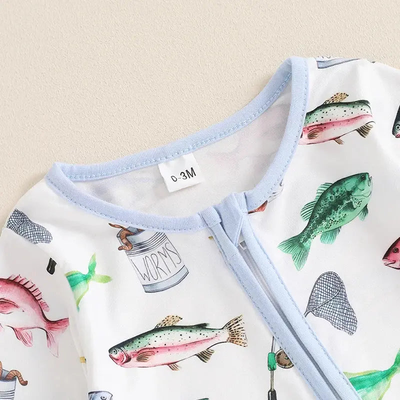 Baby Boys Autumn Casual Romper Long Sleeve Crew Neck Fish Print Oblique Zipper Jumpsuit