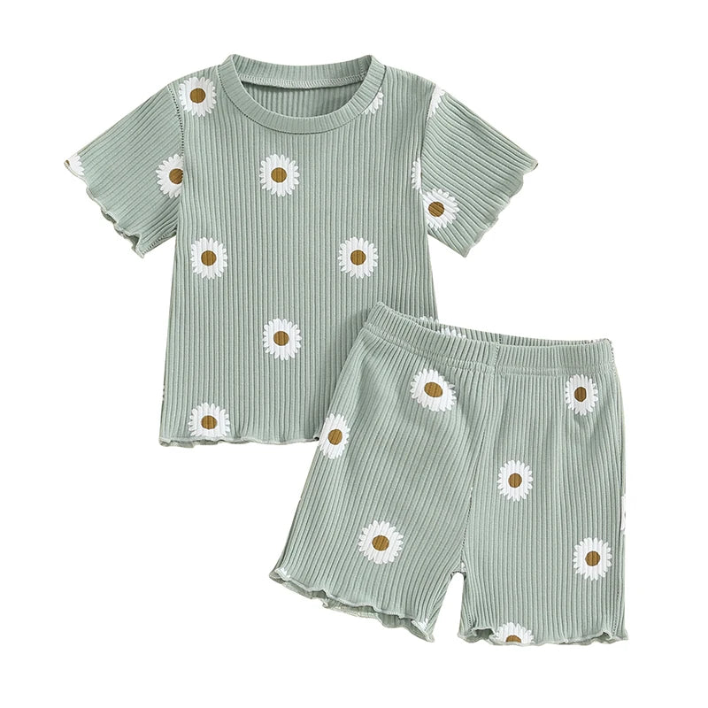 Cute Toddler Baby Girl Summer Outfit – Ruffle Ribbed Knit Top & Shorts Set