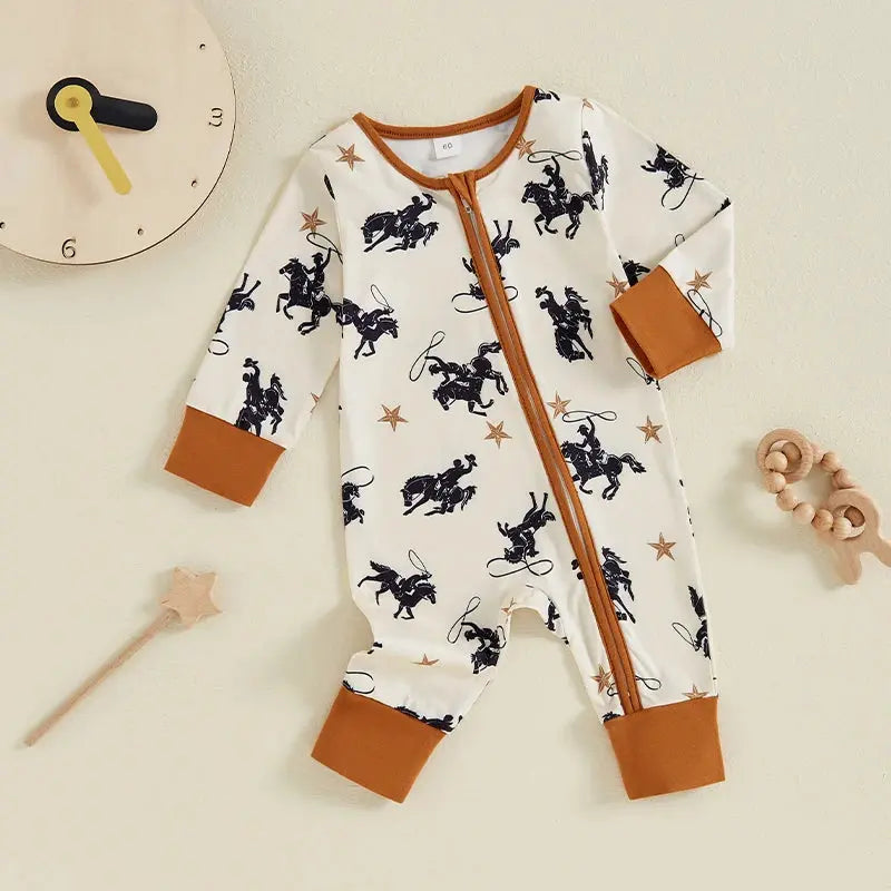 Toddler Baby Boy Zipper Romper Casual Western Cowboy Print Long Sleeve Jumpsuit Infant Fall Outfit