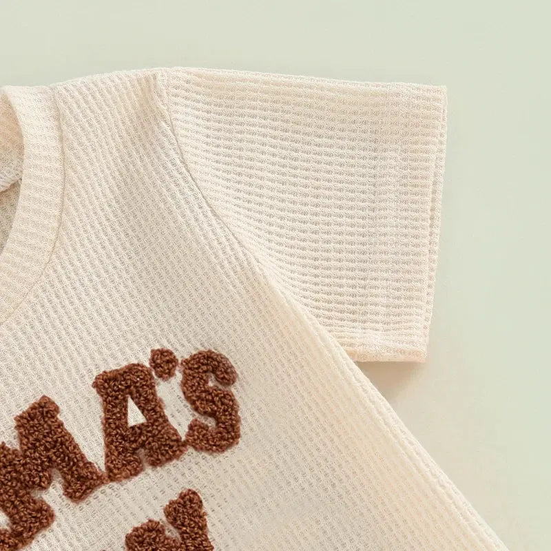 Lioraitiin Summer Baby Boy Clothes Letter Embroidery Short Sleeve T-Shirt Shorts Set 2Pcs Waffle Knit Outfit