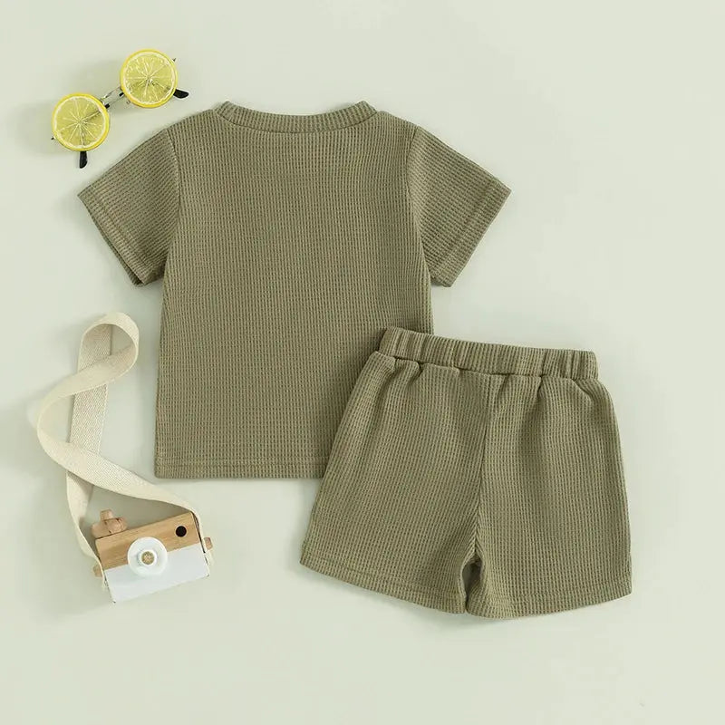 Lioraitiin Summer Baby Boy Clothes Letter Embroidery Short Sleeve T-Shirt Shorts Set 2Pcs Waffle Knit Outfit