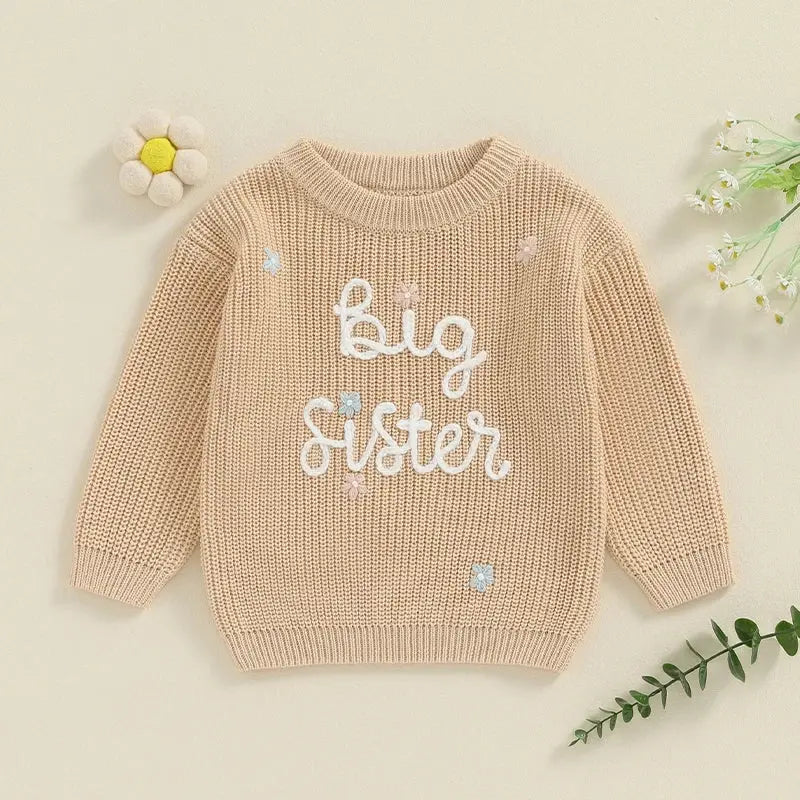 Big Sister Sweaters Cute Long Sleeve Letter Embroidery Knit Pullover Toddler Loose Tops