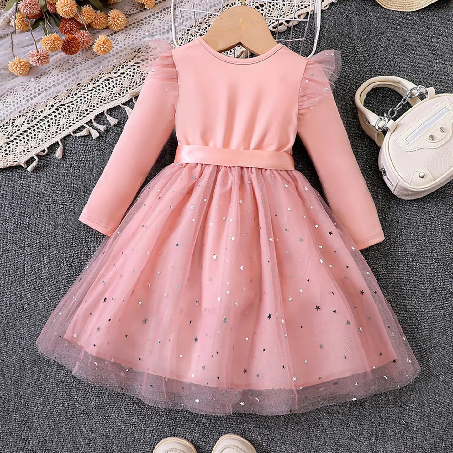 Girls Elegant Dresses Long Sleeve Sequin Design Tulle Bow Dress Christmas New Year Winter Party Girls Dresses