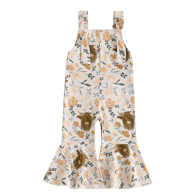Baby girl cowgirl romper with cow-print bell-bottom overalls and adjustable suspenders – toddler Western outfit