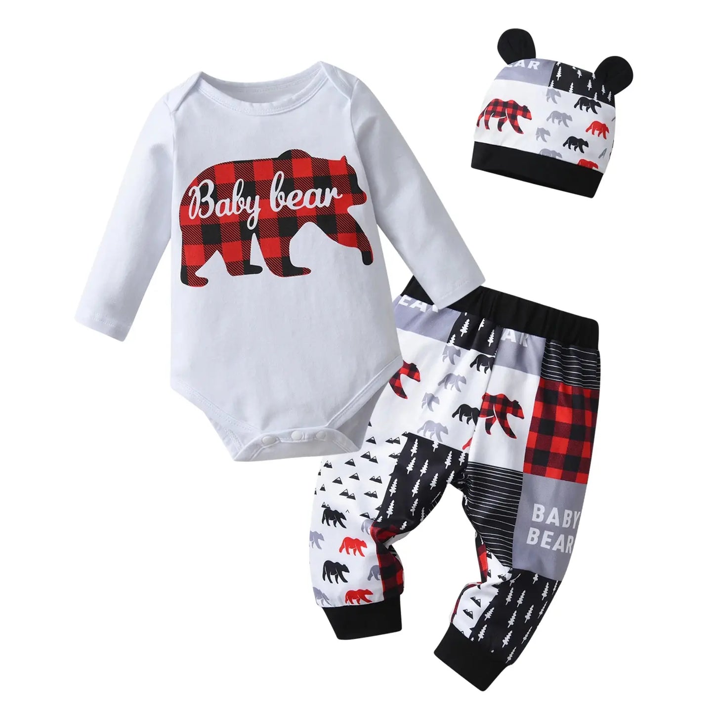 Newborn Baby Boy Clothes Set Long Sleeve Bear Print Romper Top and Fashion Infant Pants Hat Outfit