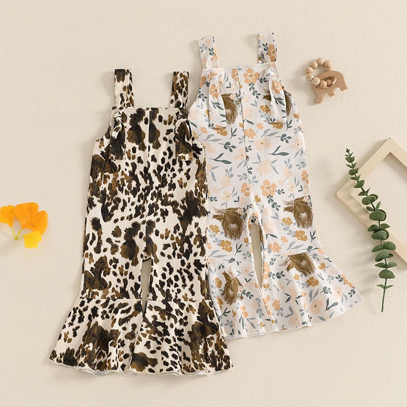 Baby girl cowgirl romper with cow-print bell-bottom overalls and adjustable suspenders – toddler Western outfit