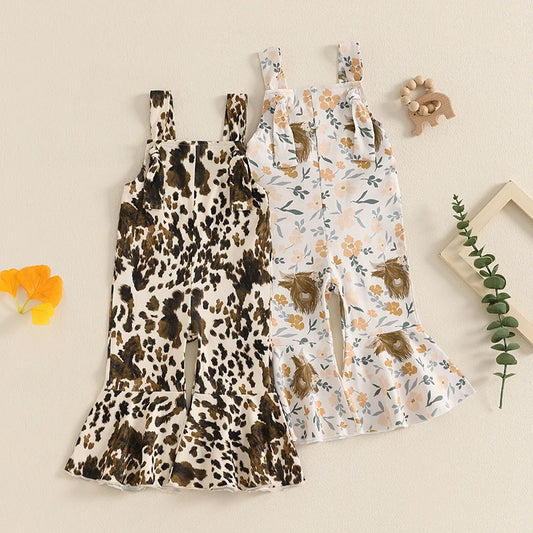 Baby girl cowgirl romper with cow-print bell-bottom overalls and adjustable suspenders – toddler Western outfit