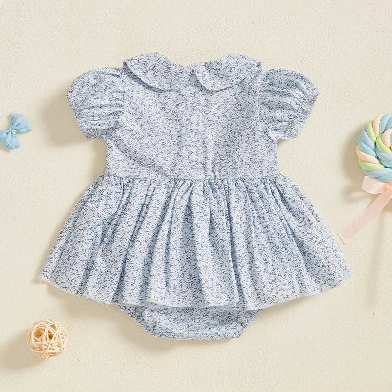 Lioraitiin Summer Baby Girls Romper Dress Short Sleeve Bow Embroidery Floral Print Sweet Romper