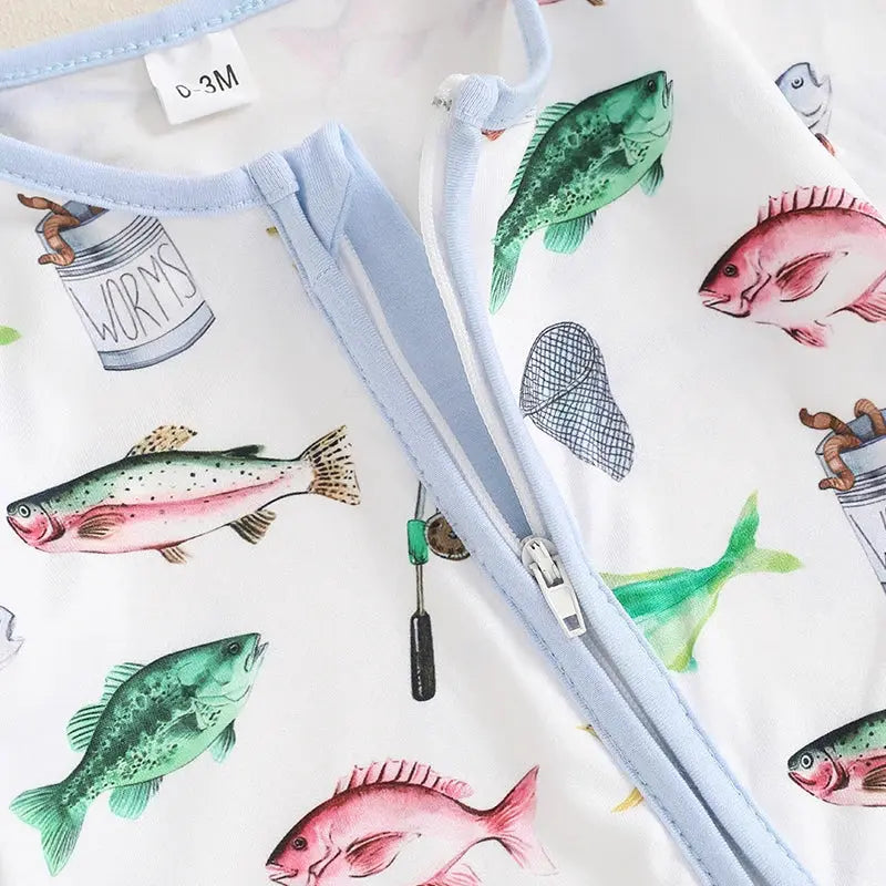 Baby Boys Autumn Casual Romper Long Sleeve Crew Neck Fish Print Oblique Zipper Jumpsuit