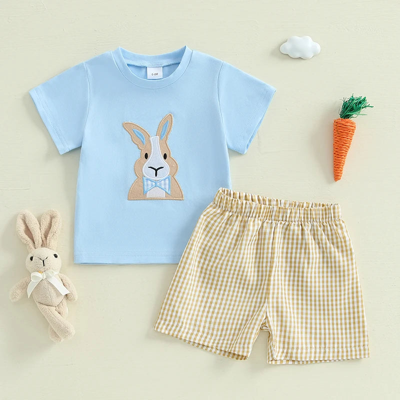 Toddler boy Easter outfit: short-sleeve bunny embroidery tee with plaid shorts for boys 0–3 years