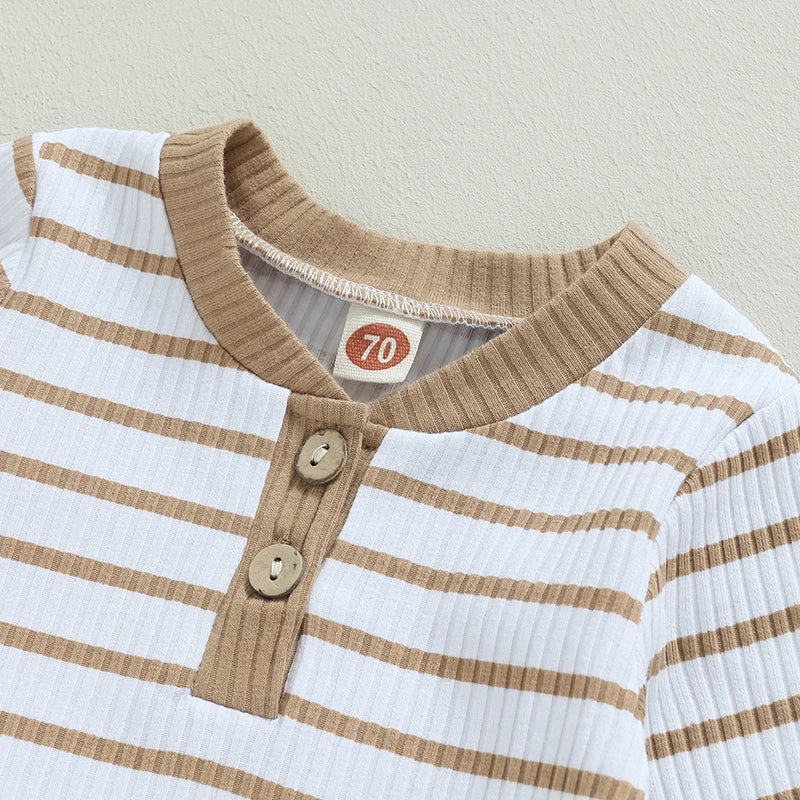 Infant boy fall outfit set: striped long-sleeve romper and matching pants for autumn wear