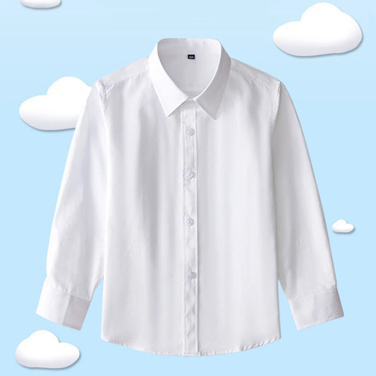 White formal toddler ruffle blouse for baby girls and boys, soft cotton kids shirt with buttons and collar, ideal for events or daily wear.