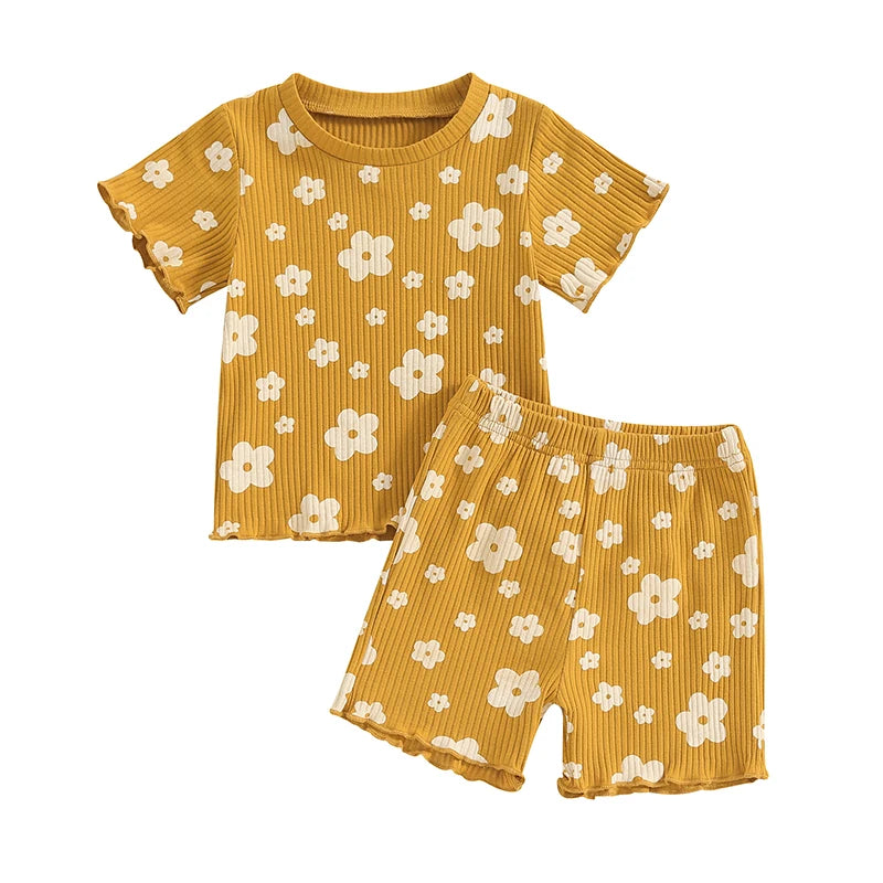 Cute Toddler Baby Girl Summer Outfit – Ruffle Ribbed Knit Top & Shorts Set