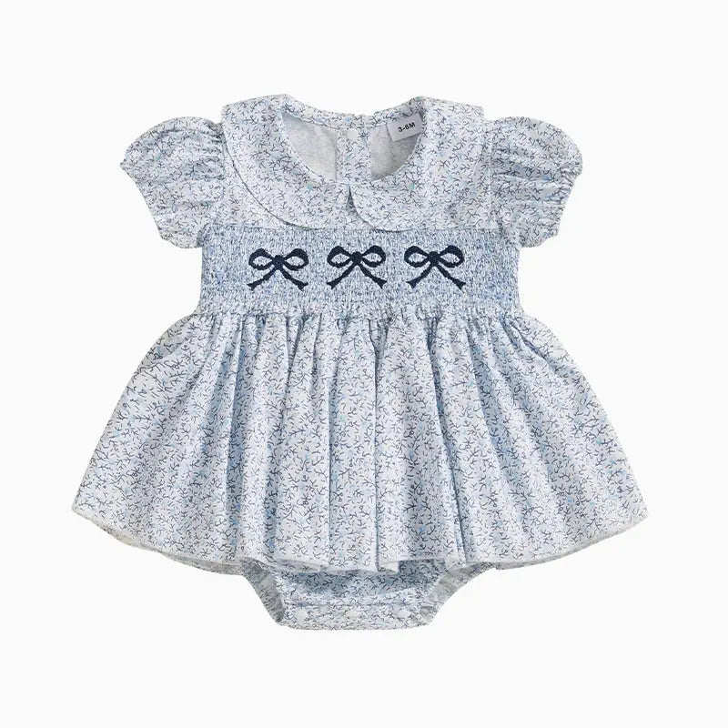 Lioraitiin Summer Baby Girls Romper Dress Short Sleeve Bow Embroidery Floral Print Sweet Romper
