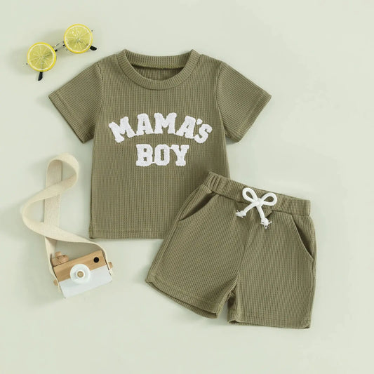 Lioraitiin Summer Baby Boy Clothes Letter Embroidery Short Sleeve T-Shirt Shorts Set 2Pcs Waffle Knit Outfit