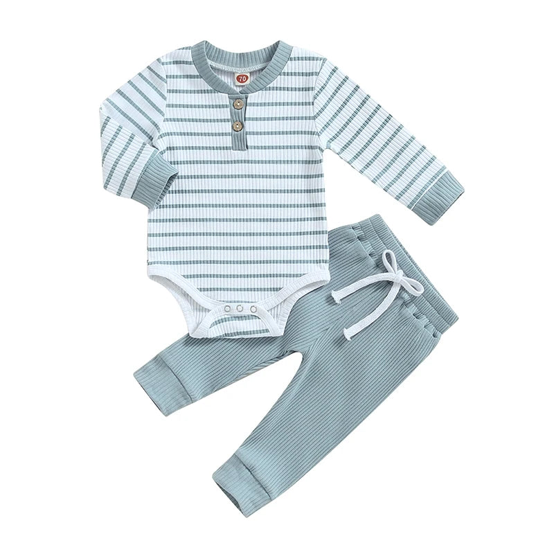 Infant boy fall outfit set: striped long-sleeve romper and matching pants for autumn wear