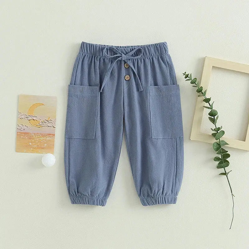 Cotton Linen Casual Baby Pants Toddler Boys Girls Casual Bottom Summer Autumn Solid Drawstring Button Children Pockets Trousers