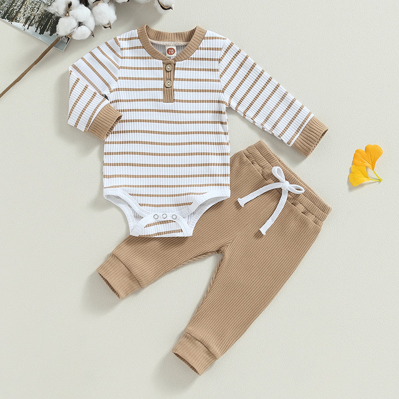 Infant boy fall outfit set: striped long-sleeve romper and matching pants for autumn wear