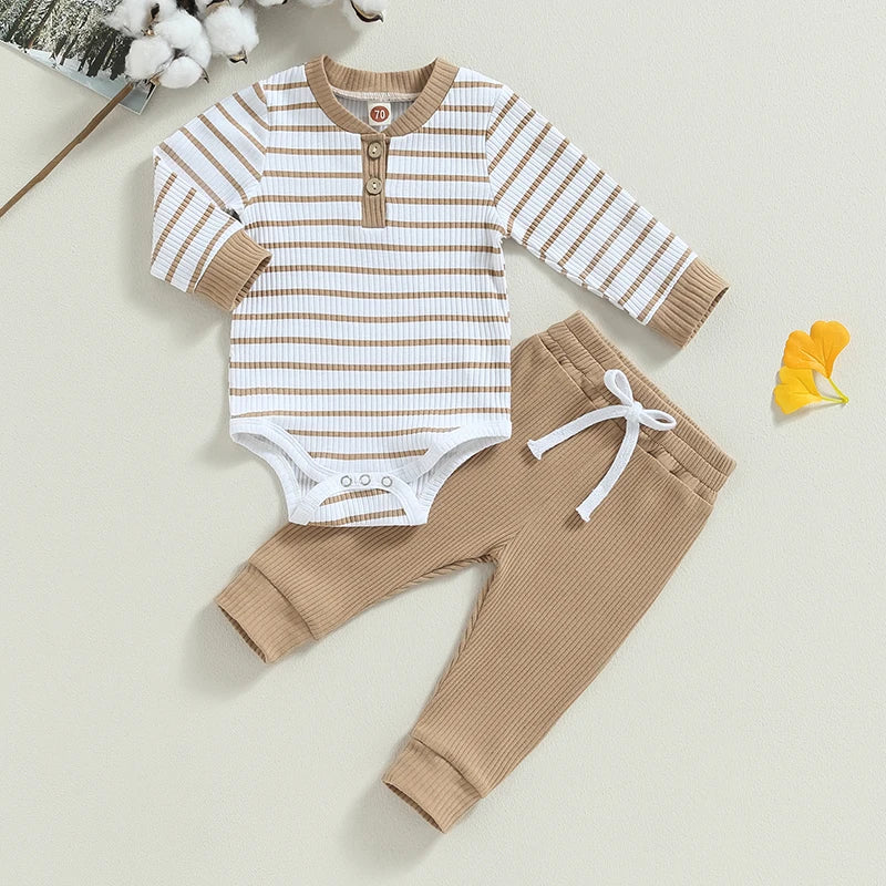 Infant boy fall outfit set: striped long-sleeve romper and matching pants for autumn wear