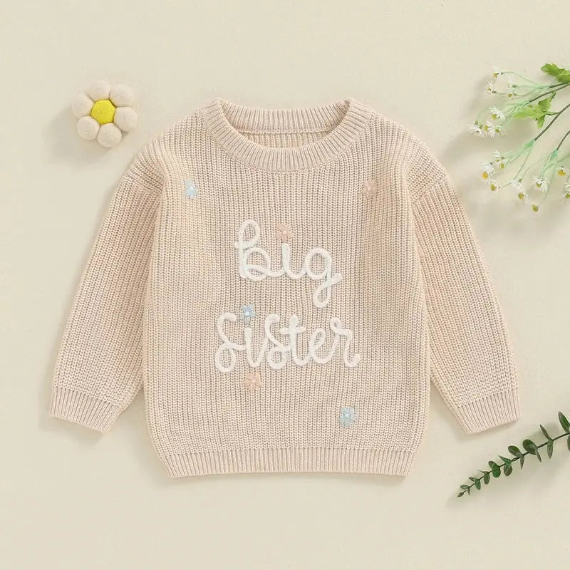 Big Sister Sweaters Cute Long Sleeve Letter Embroidery Knit Pullover Toddler Loose Tops