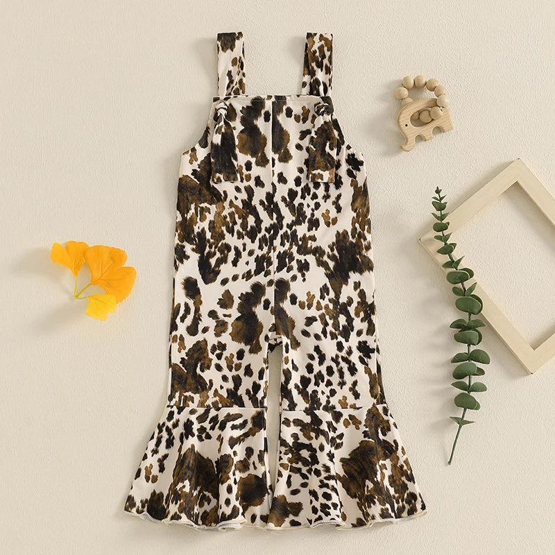 Baby girl cowgirl romper with cow-print bell-bottom overalls and adjustable suspenders – toddler Western outfit