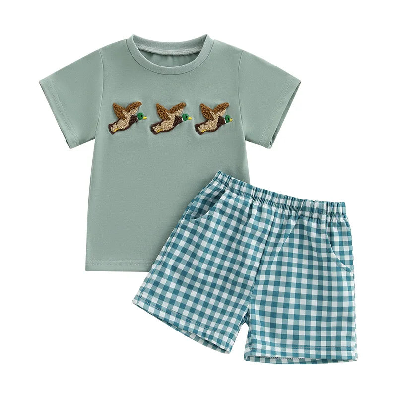 Lioraitiin Toddler Baby Boy Summer Set – Fish/Duck Embroidery Shirt + Shorts
