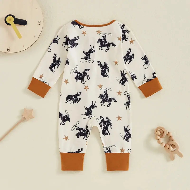 Toddler Baby Boy Zipper Romper Casual Western Cowboy Print Long Sleeve Jumpsuit Infant Fall Outfit