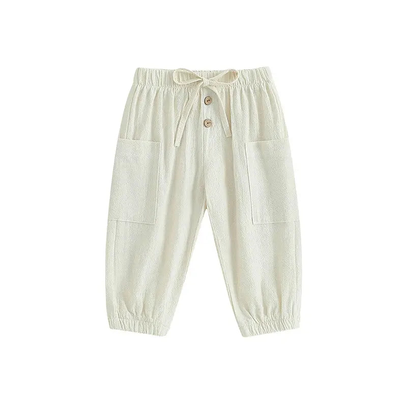 Cotton Linen Casual Baby Pants Toddler Boys Girls Casual Bottom Summer Autumn Solid Drawstring Button Children Pockets Trousers