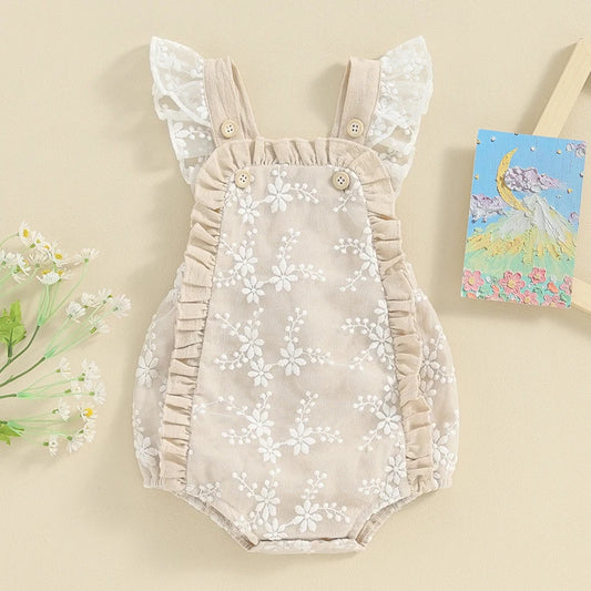 Baby girl lace embroidery romper with frills and fly sleeves – summer jumpsuit for infants 0–12 months