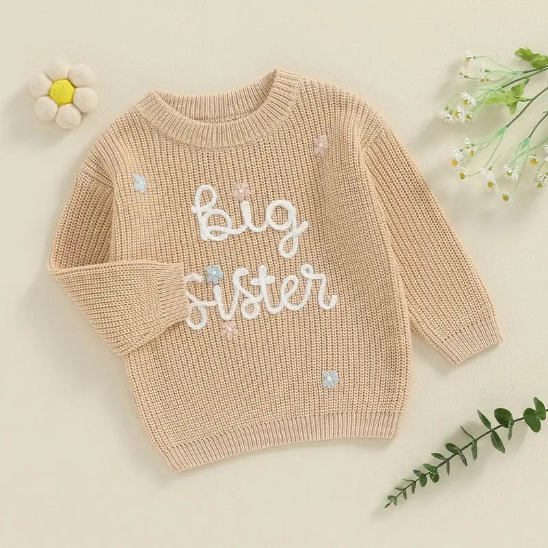 Big Sister Sweaters Cute Long Sleeve Letter Embroidery Knit Pullover Toddler Loose Tops