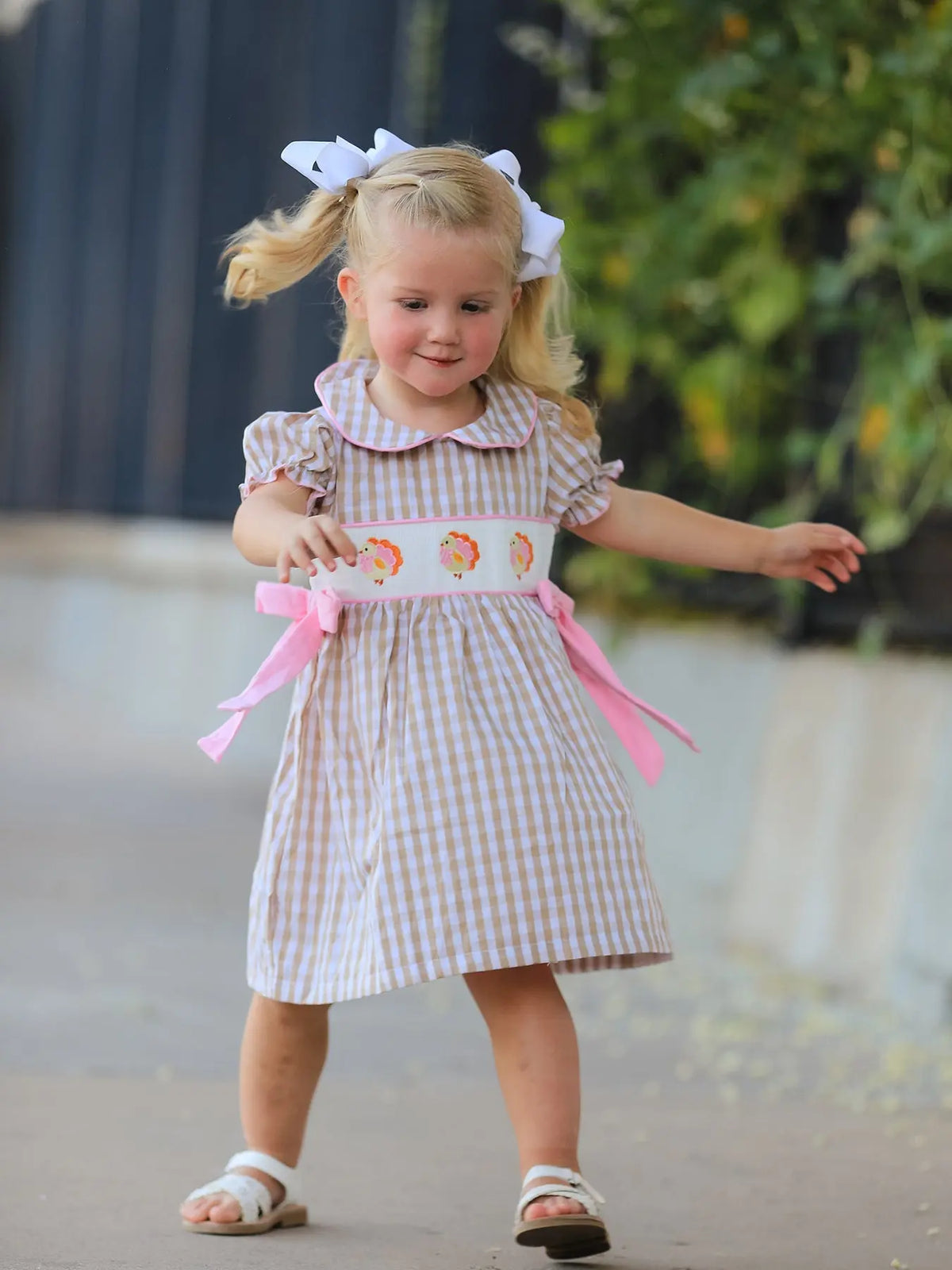 Fall Thanksgiving Lapel Plaid Chick Embroidery Smocking Bow Baby Girls Dress Rylee Faith Designs