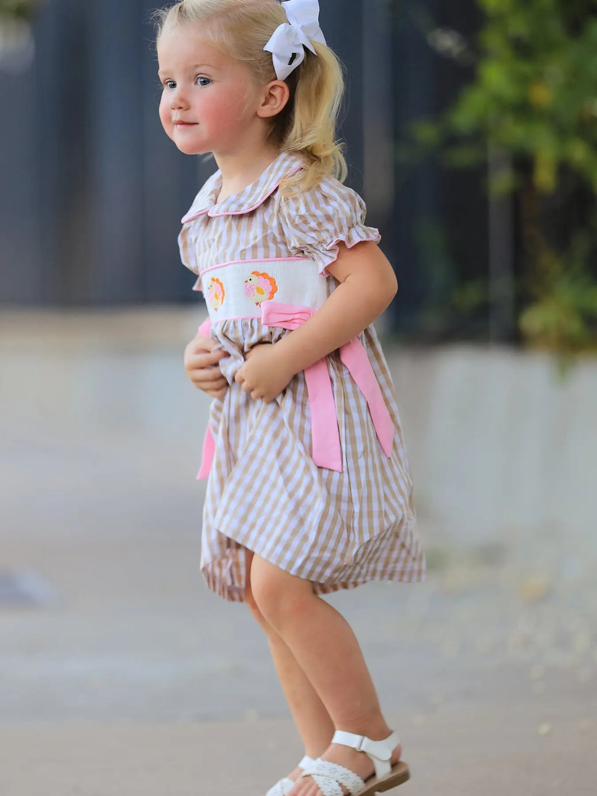 Fall Thanksgiving Lapel Plaid Chick Embroidery Smocking Bow Baby Girls Dress Rylee Faith Designs