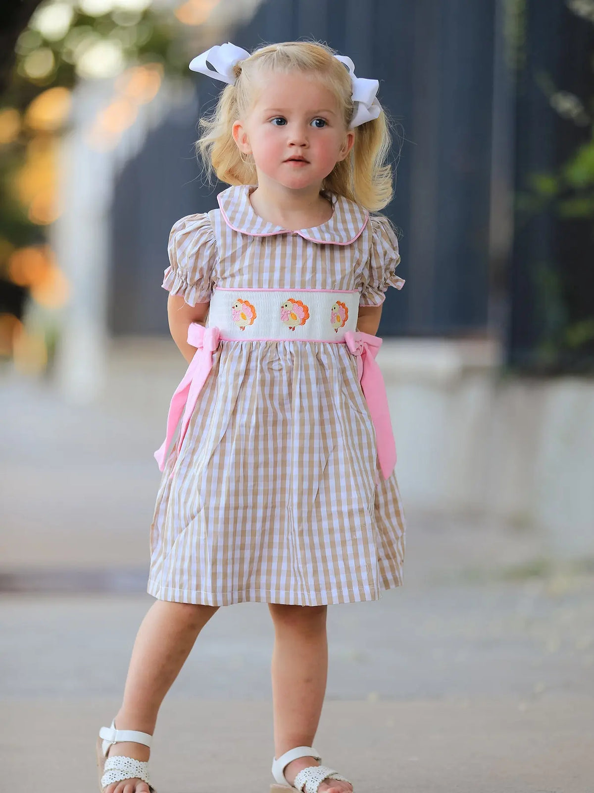 Fall Thanksgiving Lapel Plaid Chick Embroidery Smocking Bow Baby Girls Dress Rylee Faith Designs