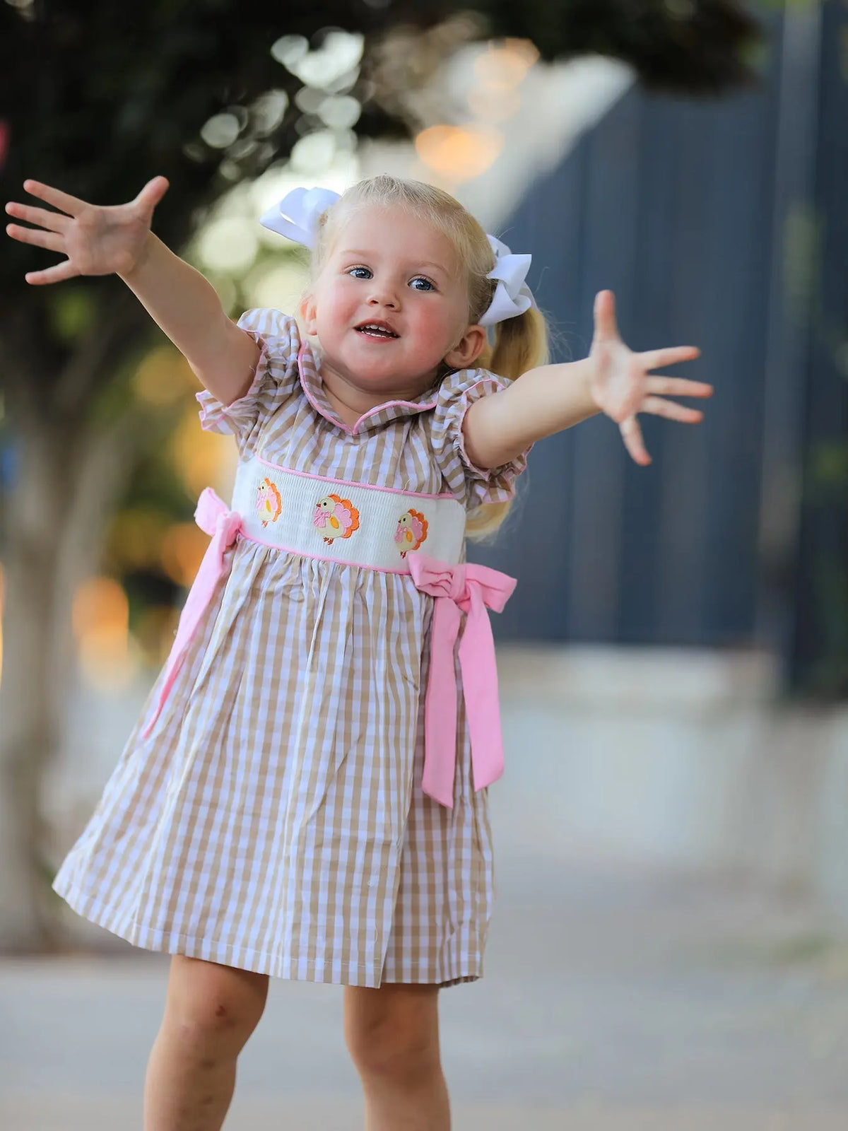 Fall Thanksgiving Lapel Plaid Chick Embroidery Smocking Bow Baby Girls Dress Rylee Faith Designs