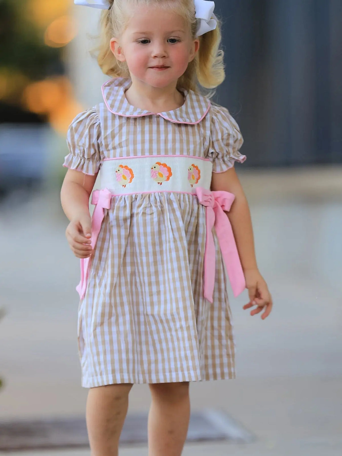 Fall Thanksgiving Lapel Plaid Chick Embroidery Smocking Bow Baby Girls Dress Rylee Faith Designs