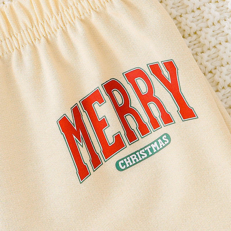 2Pcs Christmas Outfits MERRY Christmas Letter Print Round Neck Long Sleeve Sweatshirt & Pants Set