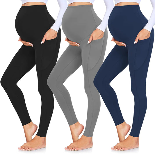 GROTEEN 3 Pack Women's Maternity Leggings Over The Belly with Pockets Super Soft Workout Pregnancy Yoga Pants X-Large 01b-black/Navy Blue/Dark Gray