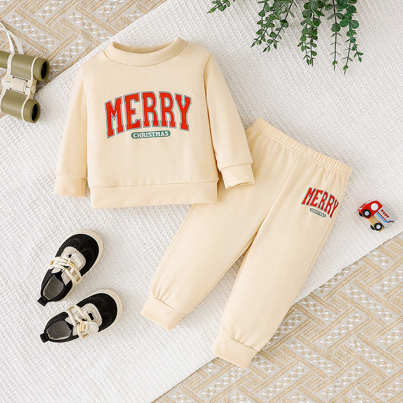 2Pcs Christmas Outfits MERRY Christmas Letter Print Round Neck Long Sleeve Sweatshirt & Pants Set